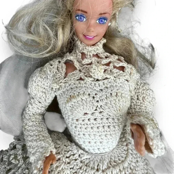 VINTAGE 60s 1966 BARBIE Doll BRIDE CROCHET KNIT Wedding Gown DRESS Mattel Inc - Picture 4 of 14